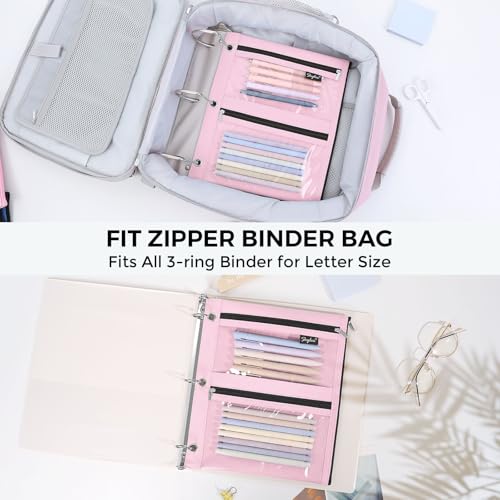 SKYDUE Pencil Pouch for 3 Ring Binder, 3 Compartment Zipper Pencil Case, Large Capacity Pen Organizer with Clear PVC Window for School Supplies, Students, Kids & Teachers - color: Pink