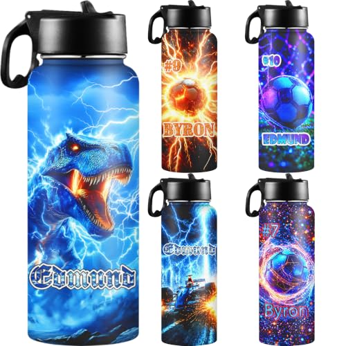 D-Story Personalized Kids Water Bottle with Name, 18 oz Custom Stainless Steel Vacuum Insulated Tumbler, Leak-Proof Straw Lid, Back to School Gifts - Soccer Dinosaur, Racing Car Cool Theme - color: Sci-fi special effects 01