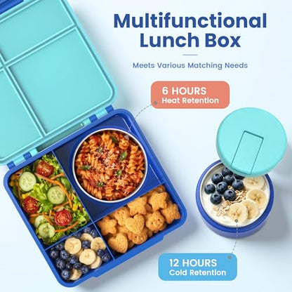 LOHASOK Bento Lunch Box Kids with 8oz Soup Thermo, Leak-Proof Lunch Containers with 4 Compartment, Thermo Hot Food Jar and Insulated Lunch Box for School Blue - color: Blue