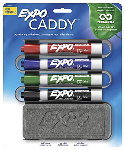EXPO 1785294 Low-Odor Dry Erase Set, Chisel Tip, Assorted Colors, 5-Piece with Recycled Material Marker Caddy - size: 5 Count (Pack of 1), style: 4-count with Eraser