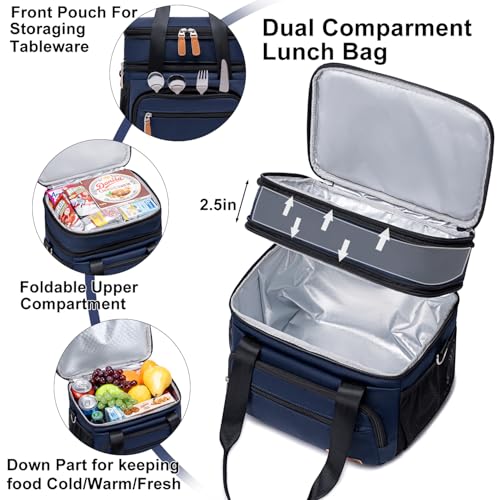 Weitars Insulated Lunch Box for Women Men-Dual Compartment Waterproof Reusable Large Lunch Bag Wide-Open Tote Cooler Bag For Working Picnic Hiking (15L) (Blue) - color: Blue