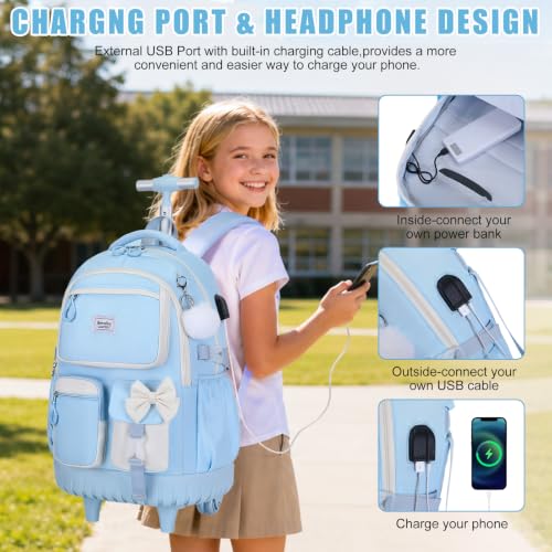 Bevalsa Rolling Backpack for Girls, Roller Backpack with Wheels, Cute Bow Wheeled School Bookbag Set with Lunch Bag & Pen Case, Suitcases for Kids Teens Elementary Middle Student (Blue Beige) - color: Blue Beige