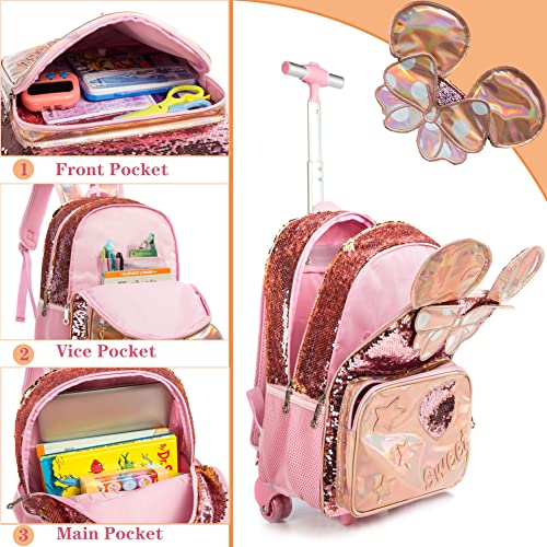Meetbelify Rolling Backpack for Girls School Backpack with Lunch Box for Elementary Student Wheels Roller Trolley Luggage - color: 05 3pcs Rolling Backpack