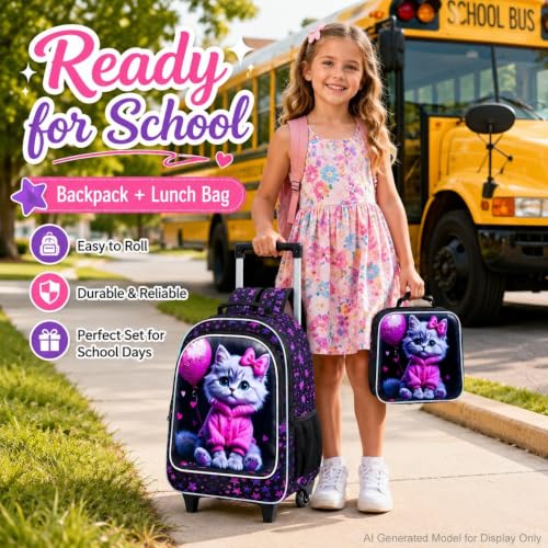 CCJPX 3Pcs Cat Rolling Backpack for Girls, 18" Kids Wheeled Bookbag with Lunch Box, Lightweight Roller School Bag for Elementary Preschool (Black) - color: Pink-clothed Cat