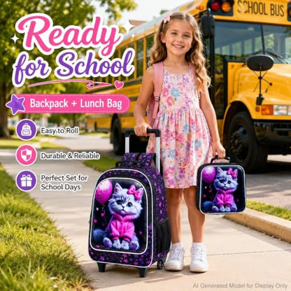CCJPX 3Pcs Cat Rolling Backpack for Girls, 18" Kids Wheeled Bookbag with Lunch Box, Lightweight Roller School Bag for Elementary Preschool (Black) - color: Pink-clothed Cat