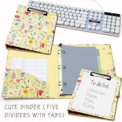 Mini Binder Organizer，1 Inch 3 Ring Binder with Clipboard, 5-Tabs Pockets Dividers, Plastic Folder, 18 Divider Stikers, Pen Loop (Garden Party, 5.5" x 8.5") - color: Garden Party, size: 1in（5.5"x8.5"）