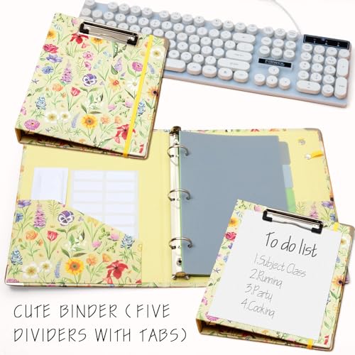 Mini Binder Organizer，1 Inch 3 Ring Binder with Clipboard, 5-Tabs Pockets Dividers, Plastic Folder, 18 Divider Stikers, Pen Loop (Garden Party, 5.5" x 8.5") - color: Garden Party, size: 1in（5.5"x8.5"）