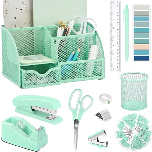 Green Office Desk Accessories Supplies, 12pcs Desk Organizers and Accessories with Tape dispenser and Stapler,Staples,Staple Remover,Pen Holder,Scissor,Ruler,Sticky Tabs,Tape,Ballpoint Pen,Clips Set - color: Green