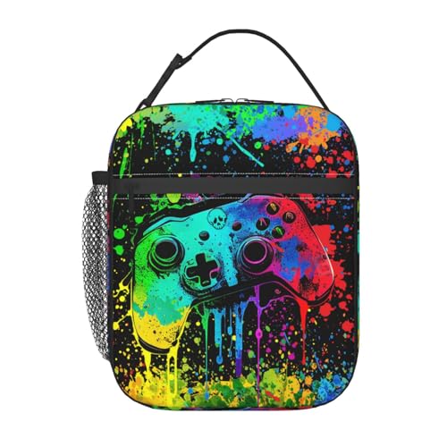 Video Game Controller Insulated Lunch Bag, Colorful Abstract Artist Painting Lunch Box for Boys Girls Kids, Portable Reusable Zipper Lunch Box for Men Women School Work Travel - color: Video Game