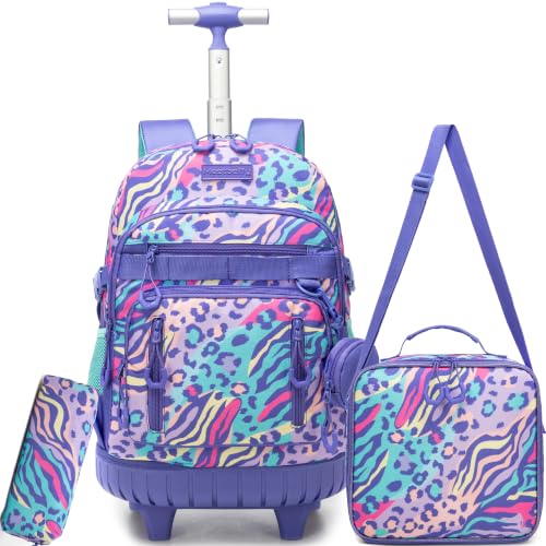 Meetbelify Rolling Backpack for Girls Boys Backpacks with Wheels Kids Carry on Luggage for Girls Boys - color: Blue Leopard
