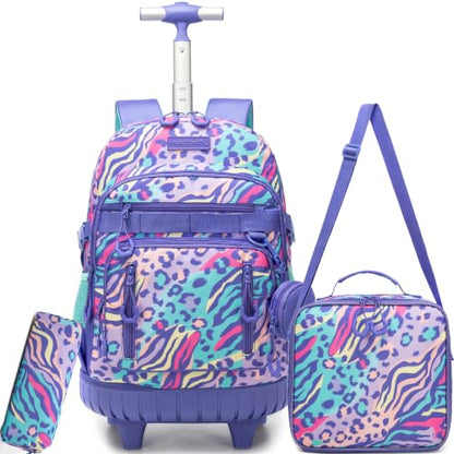 Meetbelify Rolling Backpack for Girls Boys Backpacks with Wheels Kids Carry on Luggage for Girls Boys - color: Blue Leopard
