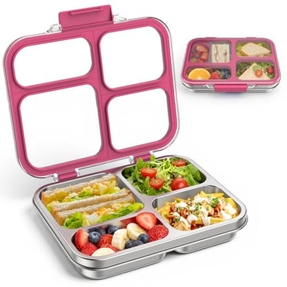Stainless Steel Bento Box for Kids Adults with Silicone Container, Leak Proof 4 Compartments Metal Lunch Box, Removable Silicone Seal & Clear Lid Food Container for School Office, BPA-Free(Pink) - color: Pink
