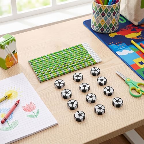 Zerodis 12 Pack Soccer Pencils Set, Football Theme Wooden HB Pencils Sports Party Favors with Erasers for Birthday Classroom School Supplies