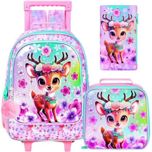 KLFVB Girls Rolling Bookbag, 3PCS Kids Roller Backpack with Lunch Bag, Wheeled School Bag for Children - Deer - color: Uv Printing Peach-blossom Deer Rolling Backpack