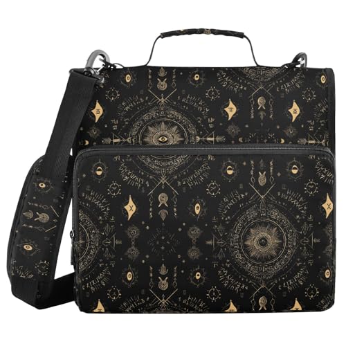 Boho Black Pattern 3 Ring Zipper Binder with Shoulder Strap & Handle 1.5 Inch D-Ring Zippered Bag with Pencil Pouch,Multiple Pocket & Expanding File Folder, Binder Organizer for School or Office - color: Boho Black Yellow