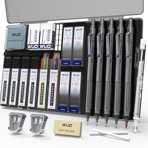 WUO Metal Mechanical Pencil Set, 5-Pack 0.3mm 0.5mm 0.7mm 0.9mm 2.0mm Drafting Pencils with 312 Lead Refills, Precision Eraser Pen, Erasers & Sharpeners for Drawing, Sketching, Writing - color: Grey, size: 0.3/0.5/0.7/0.9/2.0