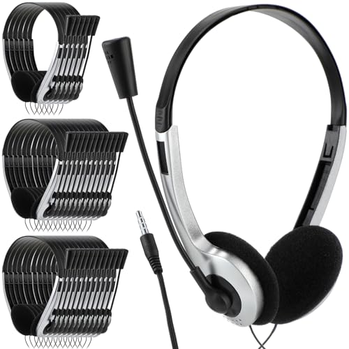 Yunsailing 30 Pack Classroom Headphones with Microphone School Student Headphones Bulk Class Set Lightweight Adjustable Earphones on Ear with 3.5 mm Jack(Silver,Plastic Stem) - color: Silver, style: Plastic Stem