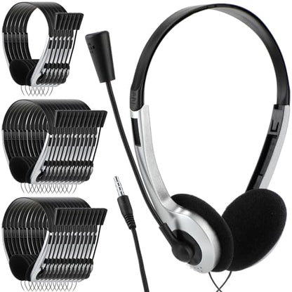 Yunsailing 30 Pack Classroom Headphones with Microphone School Student Headphones Bulk Class Set Lightweight Adjustable Earphones on Ear with 3.5 mm Jack(Silver,Plastic Stem) - color: Silver, style: Plastic Stem