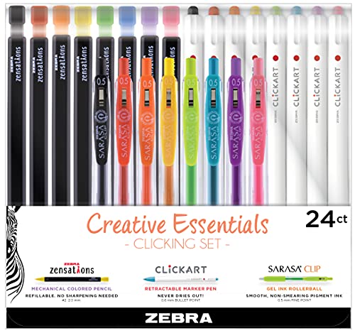 Zebra Pen Creative Essentials Clicking Set 24-Pack, Includes 8 CLiCKART Markers, 8 Colored Pencils and 8 Sarasa Clip Retractable Gel Pens, Assorted Ink Colors, Ideal For Bullet Journaling (76124) - style: Writing Essentials Set