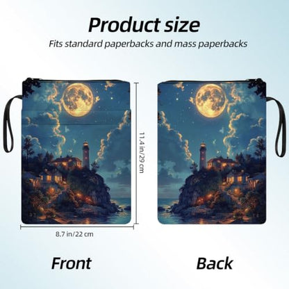 Padded Book Sleeve with Zipper & Front Pocket, Fabric Book Cover | Full Moon Ocean Lighthouse11.4"x8.7" Washable Canvas Pouch for Hardcovers, Tablets & Reading Accessories - color: Full Moon Ocean Lighthouse