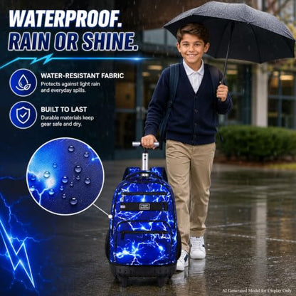 gxtvo Rolling Backpack for Men, Wheeled Bookbag with Lunch Box for Adults, Kids Water Resistant Roller School Bag for College Teens Boys Travel - Lightning Blue - color: Lightning Blue