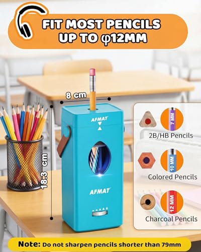 AFMAT Electric Pencil Sharpener, Fully Automatic Pencil Sharpener for 6-12mm No.2/Jumbo Pencils, Auto in & Out, 5 Sharpness Modes, Rechargeable Heavy Duty Sharpeners for Classroom/Home/Office PSC7 - color: Cyan