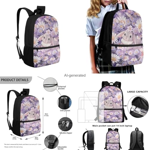 Daisy Bunny Backpack for Girls Kids Backpack with Lunch Box Water Bottle Holder with Strap and Pencil Case 4PCS Set Bookbag with Front Pocket for School Teens 17 inch Lightweight School Bag - color: Cute Bunny and Daisy Floral