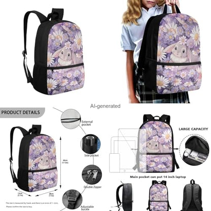 Daisy Bunny Backpack for Girls Kids Backpack with Lunch Box Water Bottle Holder with Strap and Pencil Case 4PCS Set Bookbag with Front Pocket for School Teens 17 inch Lightweight School Bag - color: Cute Bunny and Daisy Floral