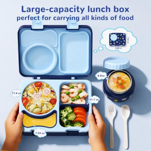 Kids Lunch Box with Thermo, Leakproof Bento Box for Kids with 8OZ Insulated Food Jar, Ice Pack, Sauce Cup, Utensils, Removable Tray & Dividers for School Daycare Travel (Football) - color: Football