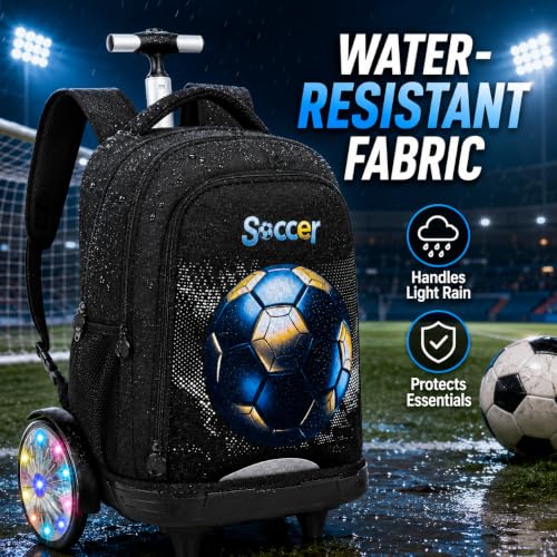 AGSDON Quiet Rolling Backpack with Lunch Box Set – Large Luminous Wheel Water‑Resistant Wheeled Bag for School, Outings, and Travel | Black Gold Soccer 3‑Piece Organizer Backpack - color: Large Luminous Wheel Rolling Black Gold Soccer