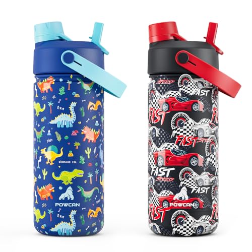 POWCAN 2 Pack 18 oz Kids Insulated Water Bottle for School: Leakproof, 2-in-1 Straw Spout Lid, BPA-Free, Keep Cold 24 Hrs, Stainless Steel Cup for Sports, Travel, Gift for Girls Boys Daughters Sons - color: Dinosaur-Era & Turbo Racer, size: 18 oz (Pack of