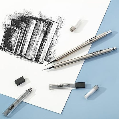 Mr. Pen- Metal Mechanical Pencil Set with Lead Refills & Erasers, 2 Pack | 0.9mm, 4x Tubes 2B Lead Refill, 4x Eraser Refills for School Supplies, Note Taking, Drawing, Sketching, Office - style: 0.9mm