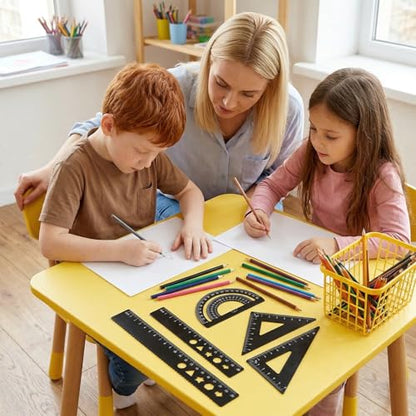 5Pcs Metal Geometry Set, Metal Ruler Set with Protractors, Triangle Rulers, Rulers, Compass for Math, School, Office (Black)