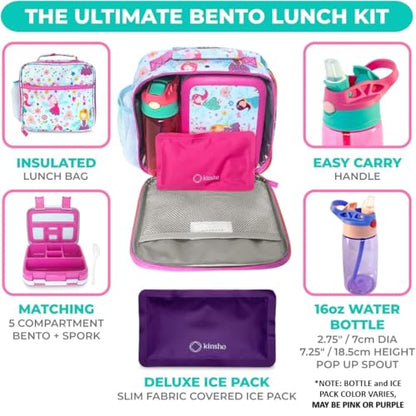 Bento Box with Insulated Lunch Bag Ice Pack Water Bottle for Kids - 5 Compartments, Removable Tray, Meal or Snack Container Girls Toddlers Daycare Pre School, Kindergarten, Pink Purple Fairy Princess - color: Pink Fairy Set