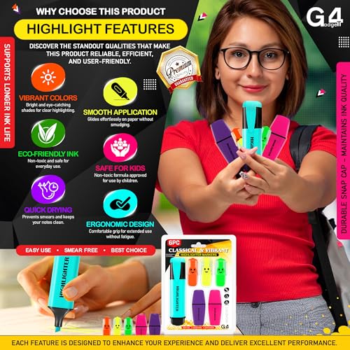 G4GADGET 6 Pack Assorted Highlighter Pens – Classic & Mini Highlighters for Study, Office & Use | No Bleed, Smear Free, Vibrant Colours | Cute & Pastel Markers for School, Notes & Journals