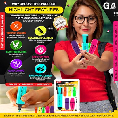 G4GADGET 6 Pack Assorted Highlighter Pens – Classic & Mini Highlighters for Study, Office & Use | No Bleed, Smear Free, Vibrant Colours | Cute & Pastel Markers for School, Notes & Journals