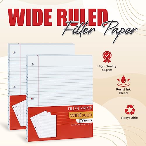 Notebook Paper Wide Ruled, Loose Leaf Paper Wide Ruled Notebook Paper Bulk, Lined Filler Paper for 3 Ring Binders - 10.5” X 8", for Student, College, School Classroom - 100 Sheets/Pack (2 Pack) - style: 2 Pack