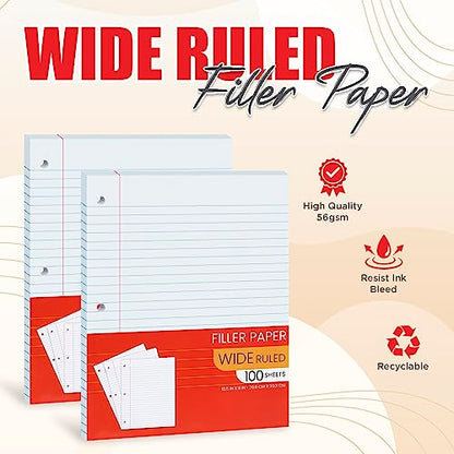 Notebook Paper Wide Ruled, Loose Leaf Paper Wide Ruled Notebook Paper Bulk, Lined Filler Paper for 3 Ring Binders - 10.5” X 8", for Student, College, School Classroom - 100 Sheets/Pack (2 Pack) - style: 2 Pack