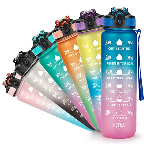 YC Kitchen Motivational Water Bottle with Time Marker - 32oz, Leak-proof BPA Free Sports Water Bottles with Straw & Carrying Strap - color: Blue/Purple Gradient, size: 32 Ounces