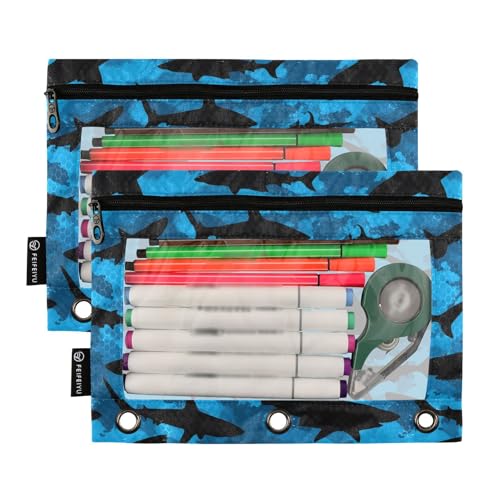 2 Pack Pencil Pouch for 3 Ring Binder Ocean Shark Blue Pencil Case Pouch with Clear Window Zipper Binder Pencil Pouches Pen Bag for Office School Supplies - color: Ocean Shark Blue