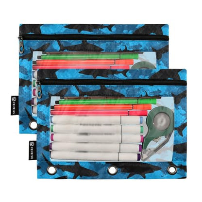 2 Pack Pencil Pouch for 3 Ring Binder Ocean Shark Blue Pencil Case Pouch with Clear Window Zipper Binder Pencil Pouches Pen Bag for Office School Supplies - color: Ocean Shark Blue