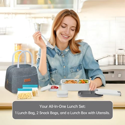 JBGOYON 4-in-1 Bento Box and Insulated Lunch Bag Set, Gray | 6-hour insulation, 7.5 L lunch bag, leakproof 1.9 L container with 2 sauce cups, fork and spoon, 2 snack bags, BPA-fre - color: Light Gray