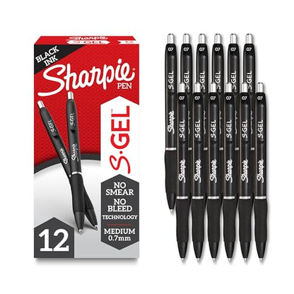 Sharpie S-Gel Gel Pens, Black Barrel, Medium Point (0.7mm), Black Gel Ink, 12 Count - Home, Office, School, Journaling, Writing, Note-Taking, Teacher Supplies - size: 12 Count