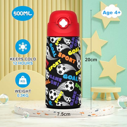 Boys Insulated Water Bottle with Covered Pop-Up Straw,16 oz Kids Cups with Stainless Steel Leak Proof for School（Red-Soccer） - color: A26.Football, style: 1Pack