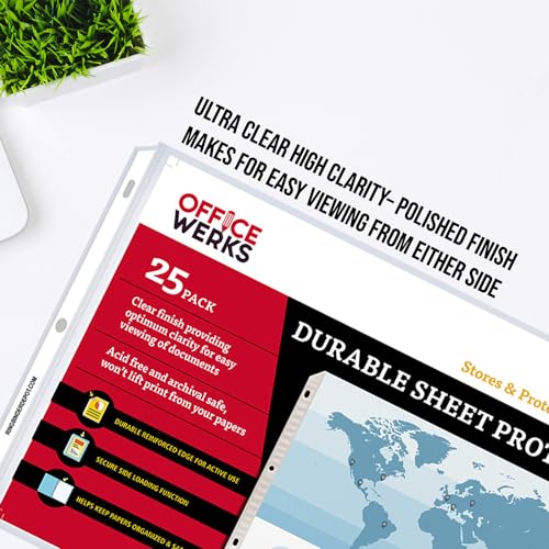 11x17 Sheet Protectors, 25 Pack, Heavyweight, Clear Page Protectors | Side Loading, Landscape, Ledger Size, 3 Hole Punched for 3 Ring Binder, Acid-Free Archival Safe Polypropylene Sleeves
