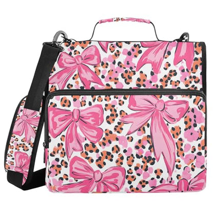 3 Ring Zipper Binder with Shoulder Strap Pink Bow Leopard Print 1.5 inch Binders Keeper Large Capacity Multi Pockets for School Office Supplies - color: Multi399, size: Fit 500 Sheets