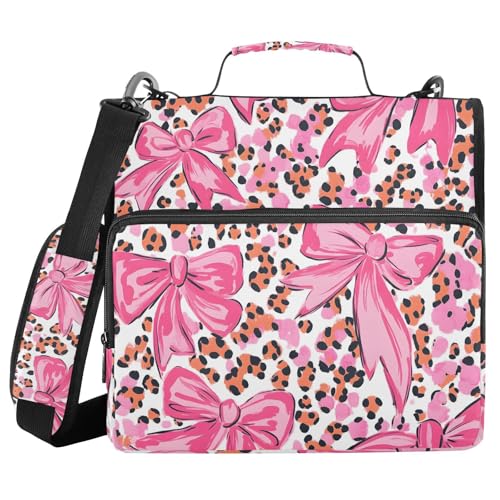 3 Ring Zipper Binder with Shoulder Strap Pink Bow Leopard Print 1.5 inch Binders Keeper Large Capacity Multi Pockets for School Office Supplies - color: Multi399, size: Fit 500 Sheets