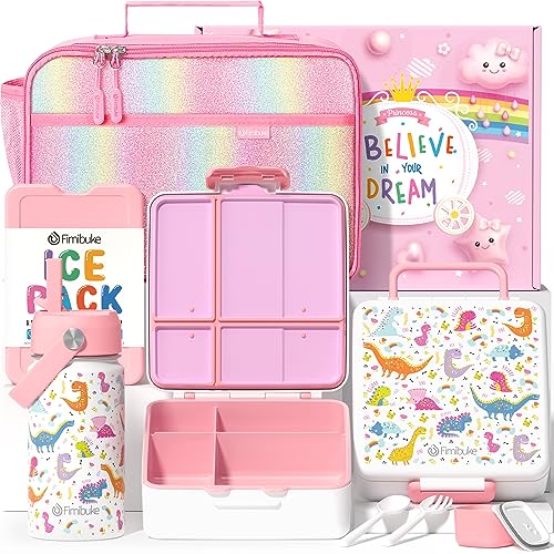 Fimibuke Kids Bento Lunch Box with 4 Compartments, Insulated lunch Bag, Stainless Steel Insulated Water Bottle, Ice Pack & Utensils Set, Birthday Gifts for Ages 3-12 Back to School Toddler Girls Boys - color: A5. White Dinosaur