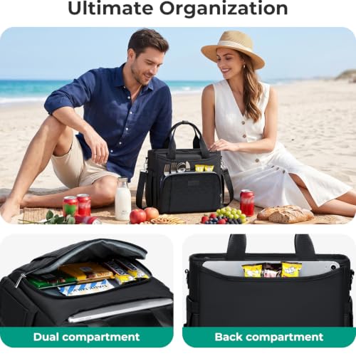 AIJIEKE Large Insulated Lunch Bag for Women Men, Work Lunch Box Tote, Black | Leakproof, durable multi-compartment cooler. Reusable with shoulder strap. Perfect for travel meal prep, picnic, beach - color: Black