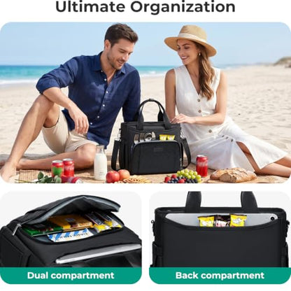 AIJIEKE Large Insulated Lunch Bag for Women Men, Work Lunch Box Tote, Black | Leakproof, durable multi-compartment cooler. Reusable with shoulder strap. Perfect for travel meal prep, picnic, beach - color: Black